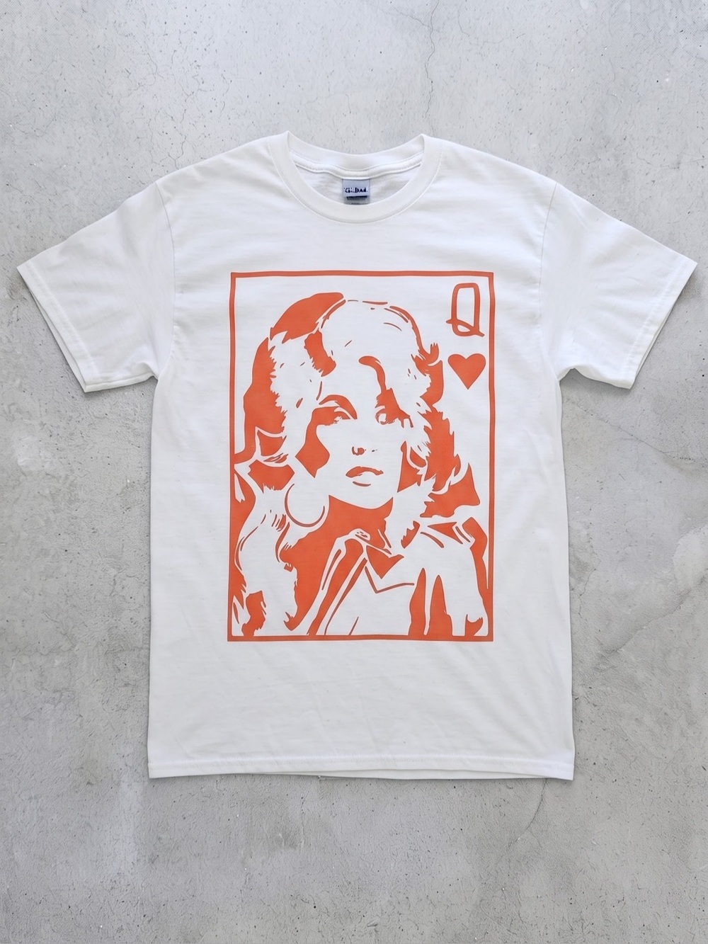 White Dolly Parton Graphic Tee with Orange
Queen of Hearts Print